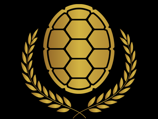 A golden terrapin shell surrounded by laurel leaves on a black background