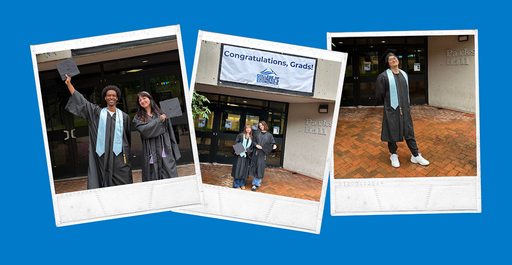 Three photos of students in commencement regalia outside Parks Hall
