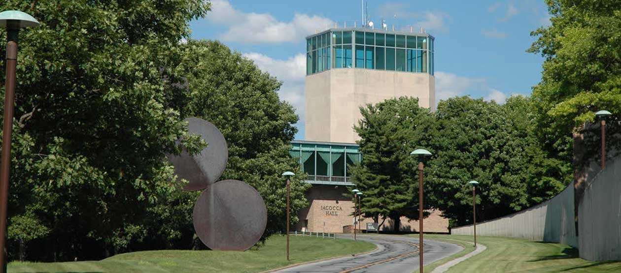 the front entrance of Iacocca Hall on the Mountaintop Campus at Lehigh
