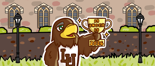 illustration of Clutch holding a trophy with "10 Under 10, 2026" on it