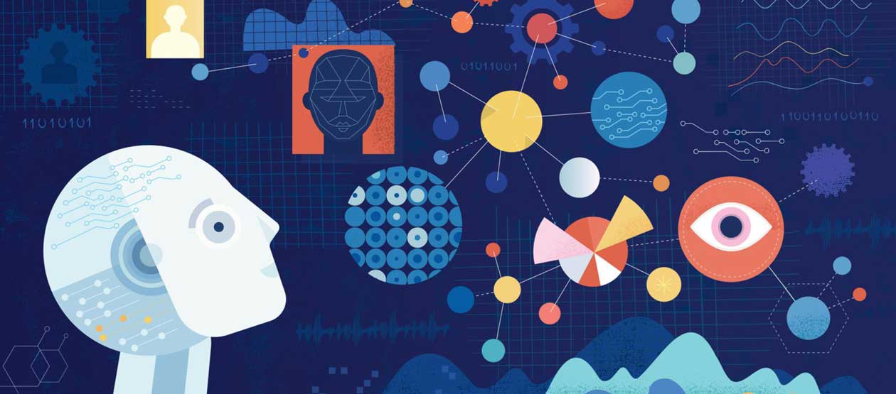 graphic depiction of AI with a mechanical face and geometric designs on a blue background